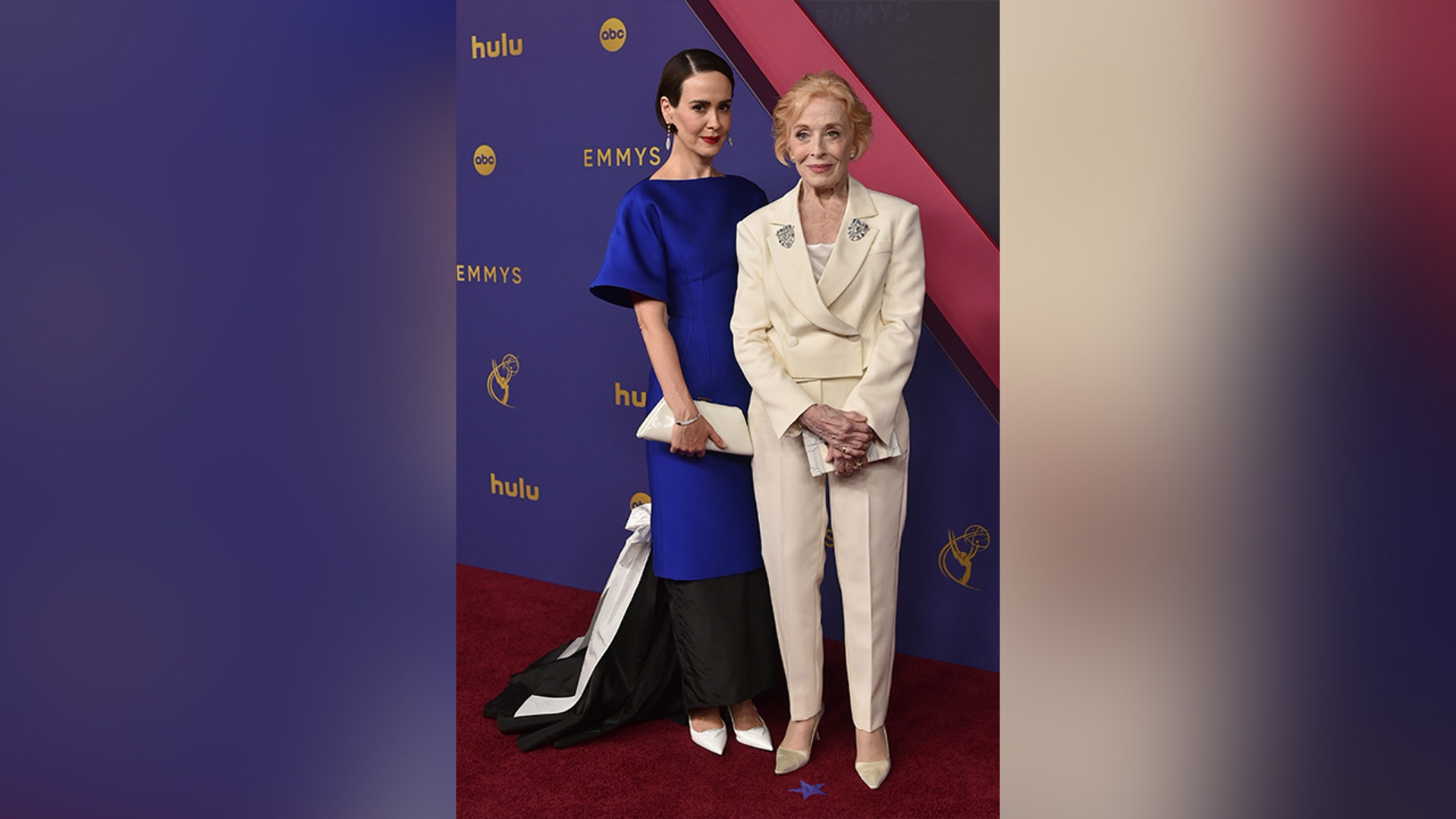 Holland Taylor and Sarah Paulson on the red carpet at the 2024 Emmy Awards. Taylor is nominated for her work in "The Morning Show."