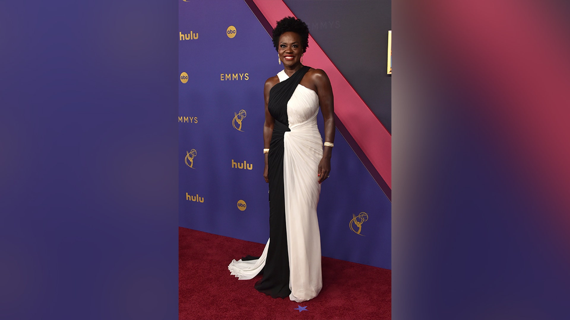Viola Davis walked the red carpet at the 2024 Emmy Awards in a black and white dress.
