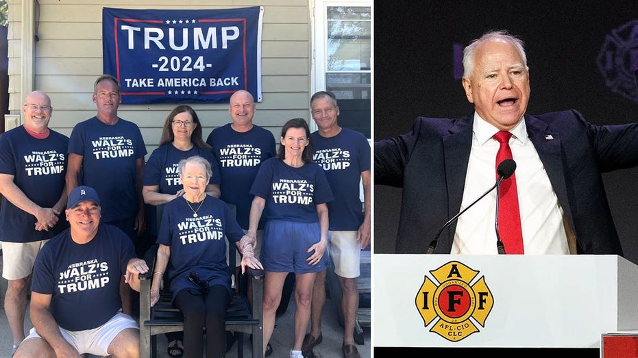 Tim Walz family members pose in T-shirts declaring their presidential preference: ‘Walz’s for Trump’