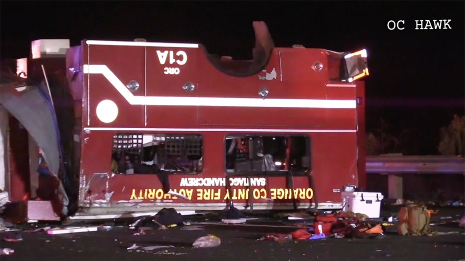 California firefighters remain hospitalized after truck flips over on freeway thumbnail