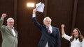 Wikileaks founder Julian Assange, center, his wife Stella Assange, right, and editor-in-chief of WikiLeaks Kristinn Hrafnsson, raise their fists as they arrive at the Council of Europe, in Strasbourg, eastern France, Tuesday, Oct. 1, 2024. - Fox News