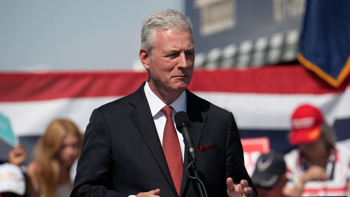 Former National Security Adviser Robert C. O'Brien speaks during the rally of Republican vice presidential nominee Sen. JD Vance at Tucson Speedway in Tucson, Arizona, on Oct. 9, 2024