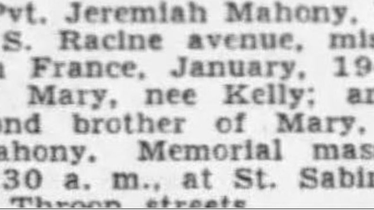 A clipping of Mahoney's memorial service after the War Department issued a "finding of death" while he was missing in action. 