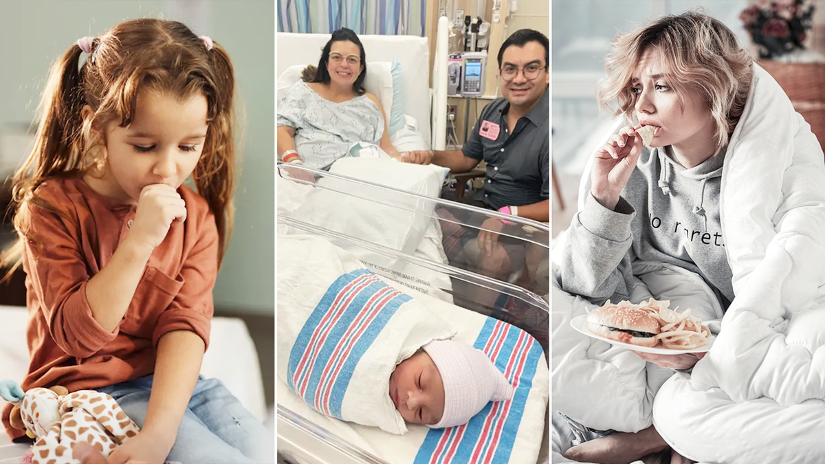 a split image of a girl coughing, a baby born and a woman eating in bed