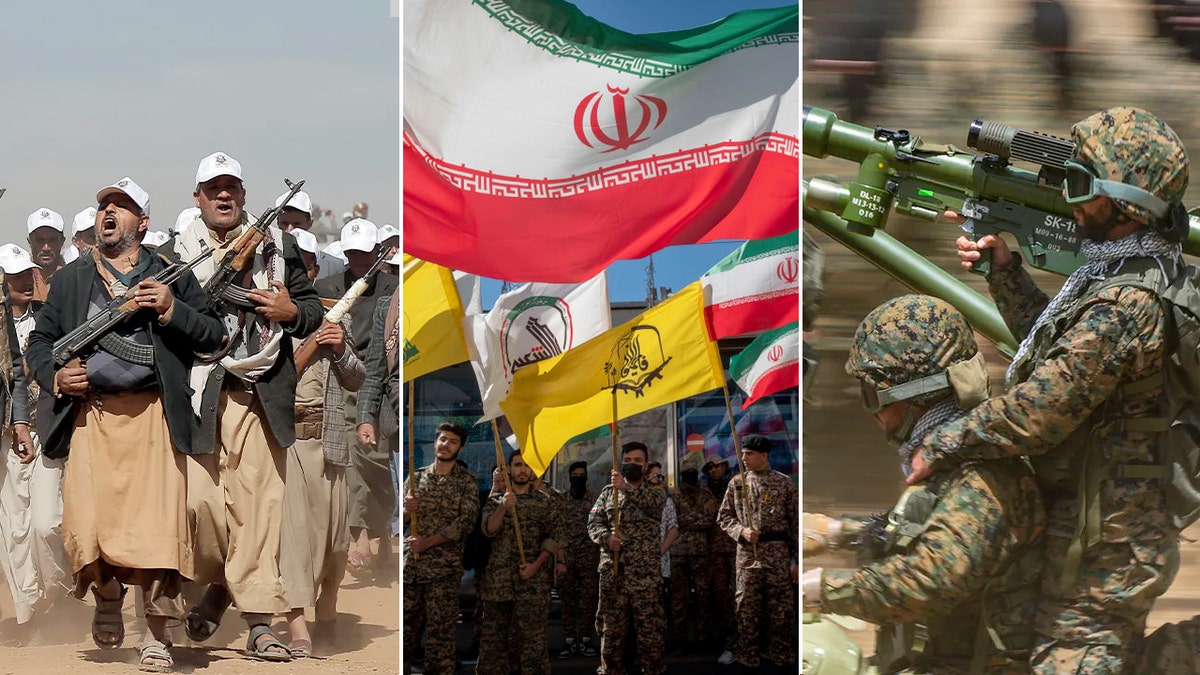 Houthis no Iêmen, grupos iranianos em Teerã e terroristas do Hezbollah durante exercícios militares ao longo da fronteira com Israel. (Fotos: Houthis: AP photos | Bandeiras: NurPhoto via Getty Images | Hezbollah: AP Hassan Amar.