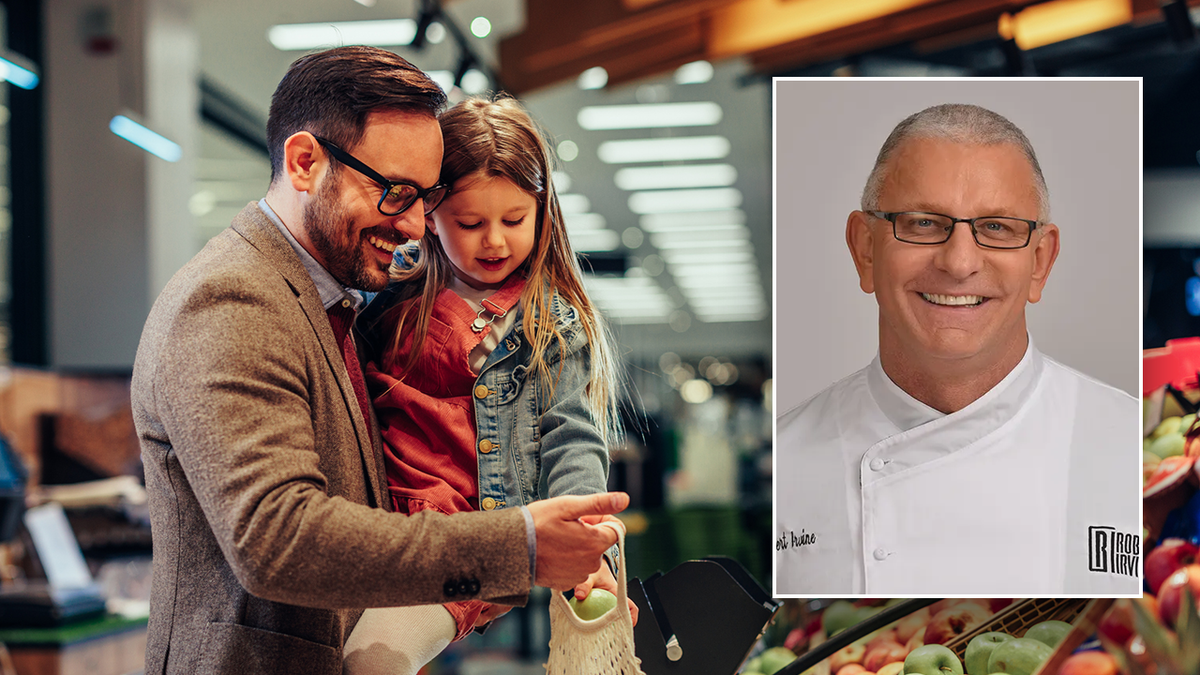 Pai e filha comprando mantimentos e o chef Robert Irvine