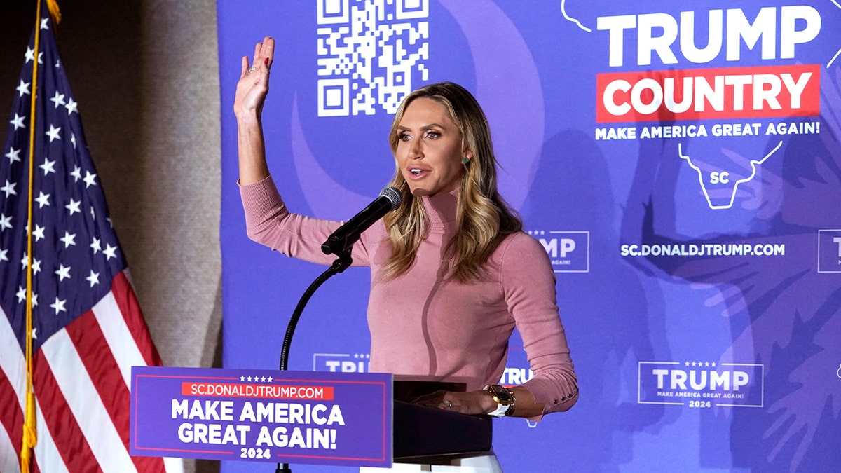 Lara Trump, daughter-in-law to former President and 2024 presidential hopeful Donald Trump, speaks at a VFW Hall in Beaufort, South Carolina, on Feb. 21, 2024.?