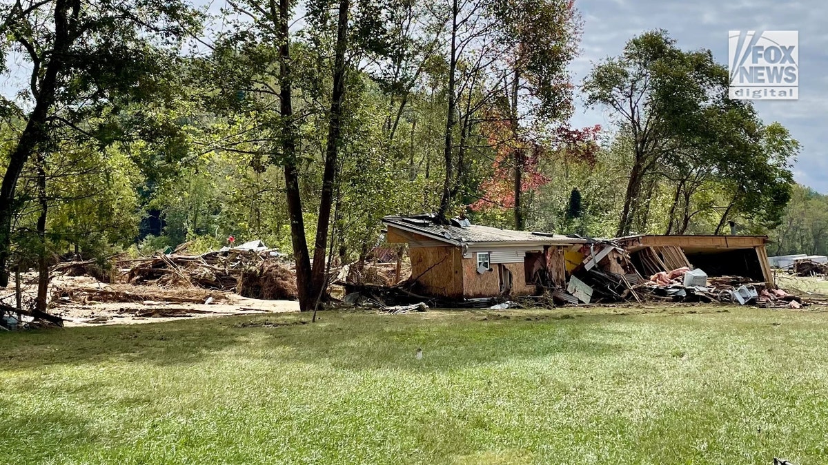 The remnants of a home that floated down a river in Fairview, North Carolina, during Hurricane Helene.