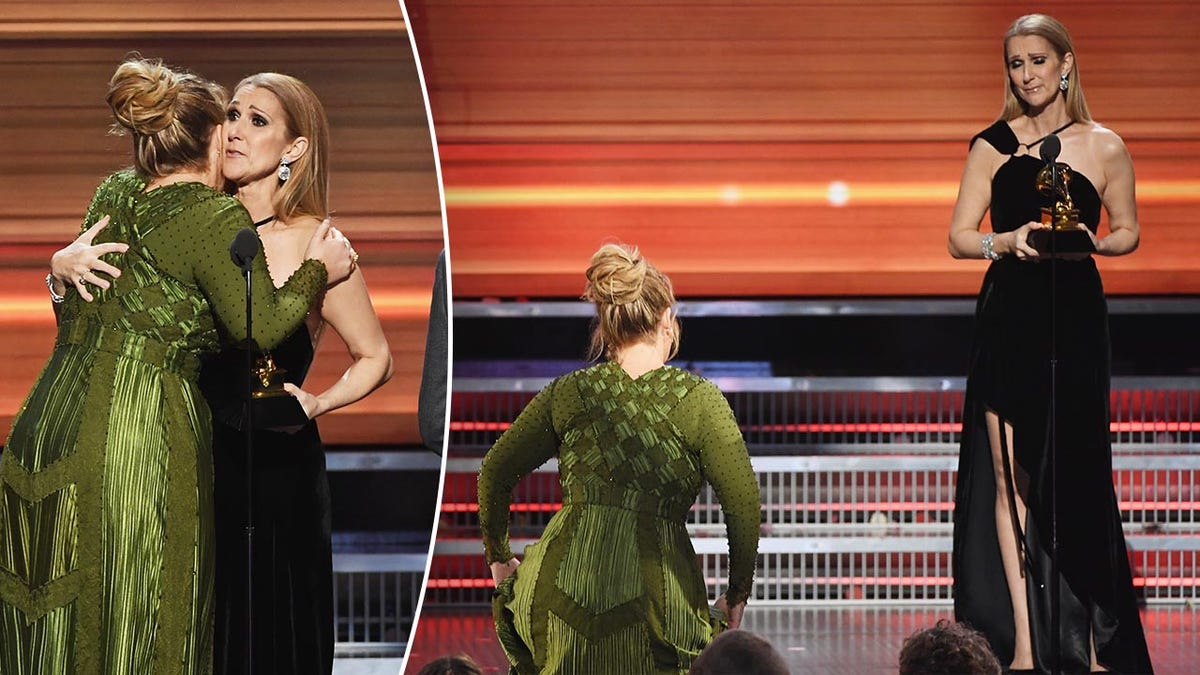 Adele in a green dress with her back to the camera hugs Céline Dion in a black one-shoulder dress at the GRAMMY stage split. Celine Dion looks down lovingly at Adele as she walks up the stairs to accept her award