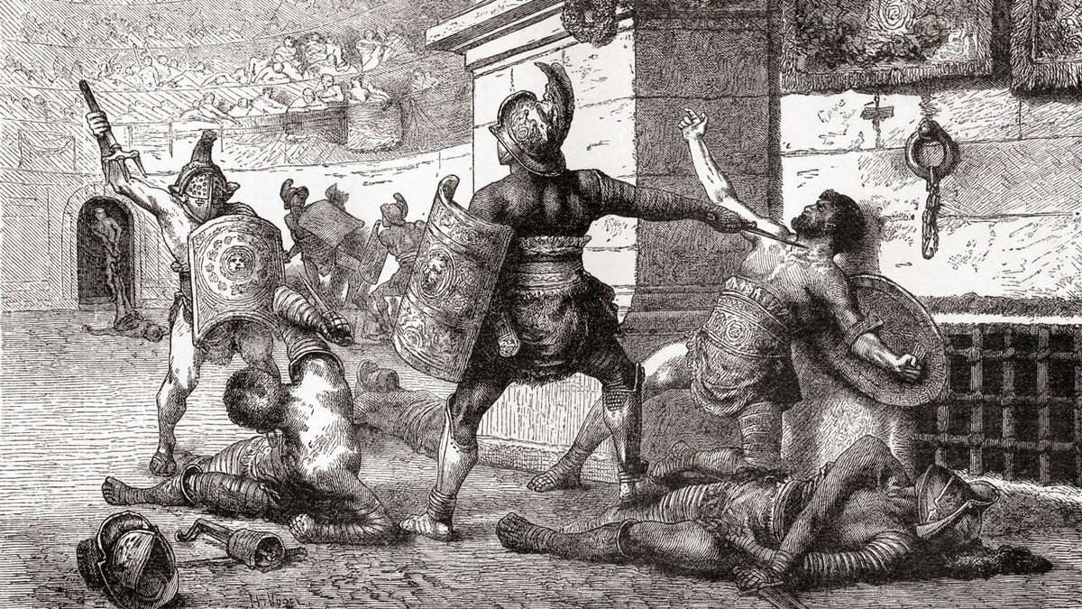 Gladiadores romanos antiguos en batalla