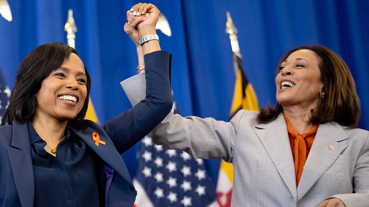 Angela Alsobrooks and Kamala Harris clasp hands in the air