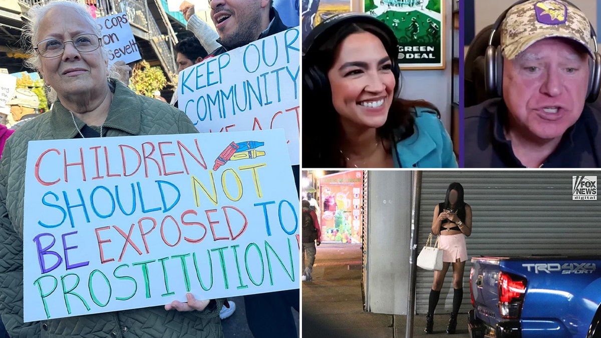 A woman holding a sign against prostitution in Queens. Alexandria Ocasio-Cortez's district, left, Alexandria Ocasio-Cortez, DY, live streams her Madden NFL video game with vice presidential candidate Gov. Tim Walz, D-Minn., on Twitch Sunday, above right, a sex worker in Ocasio's district -Cortez last month