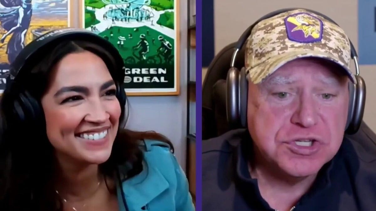 La congresista Alexandria Ocasio-Cortez (izq.) y el gobernador Tim Walz (der.)