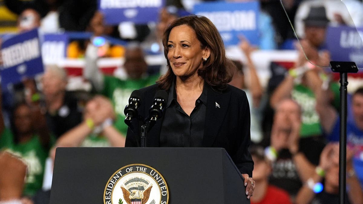 Kamala Harris at the lectern at the event