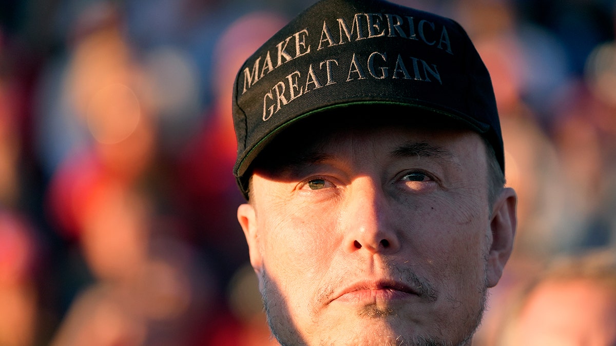 Close-up of Elon Musk with MAGA hat on his head 