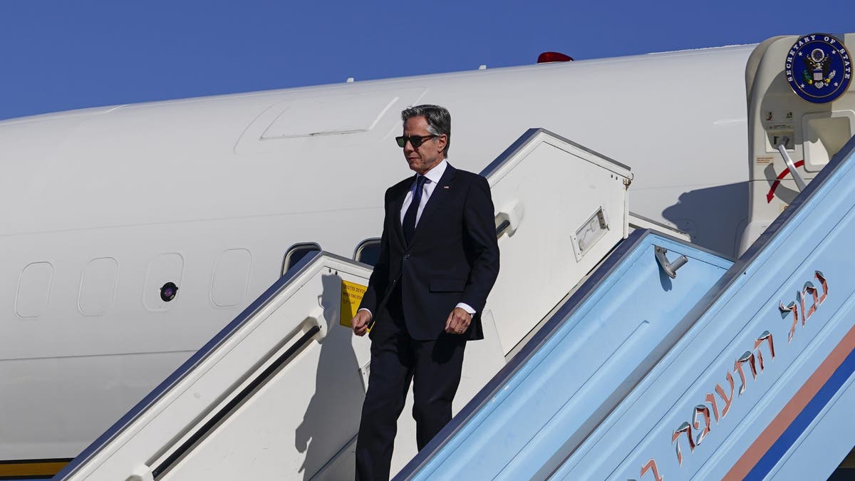 U.S. Secretary of State Antony Blinken disembarks a plane as he arrives in Tel Aviv, Israel, Tuesday, Oct. 22, 2024.