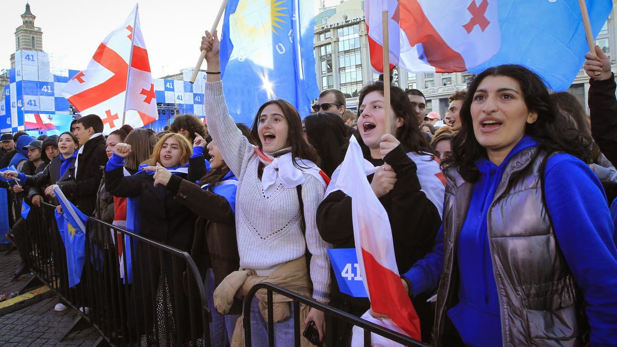 Supporters of the ruling Georgian Dream Party attend a rally in central Tbilisi, Georgia, on Wednesday, October 23, 2024.