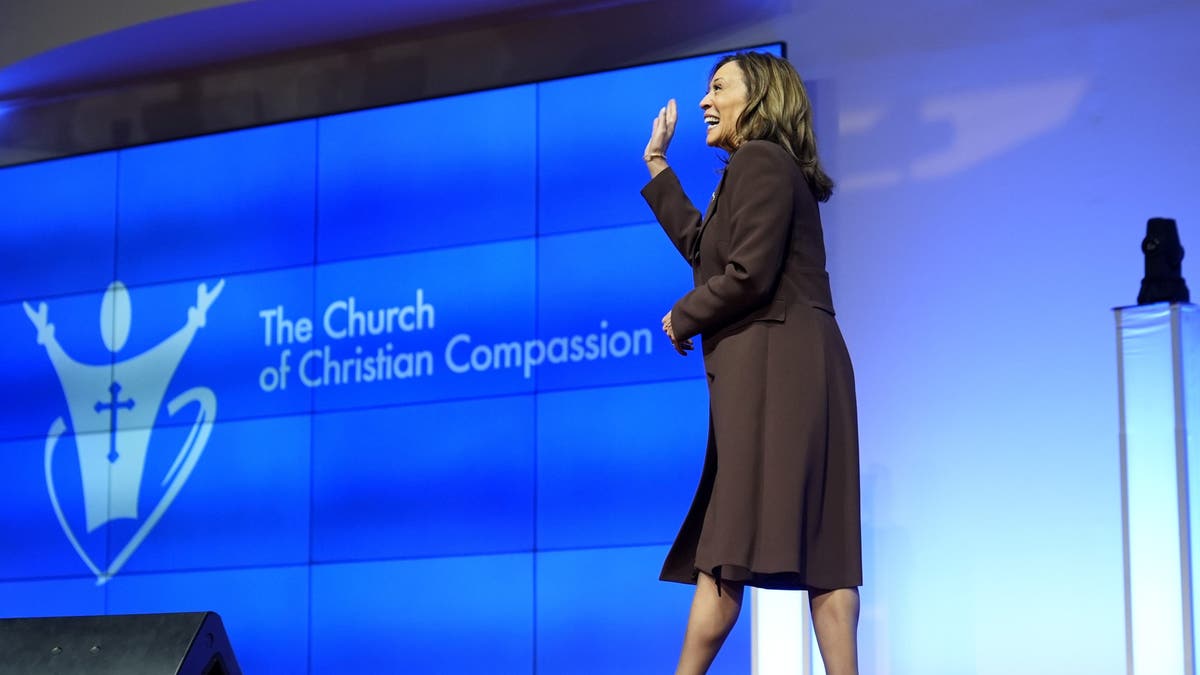 Democratic statesmanlike nominee Vice President Kamala Harris arrives to speak during a work astatine nan Church of Christian Compassion connected Sunday, Oct. 27, 2024 successful Philadelphia.