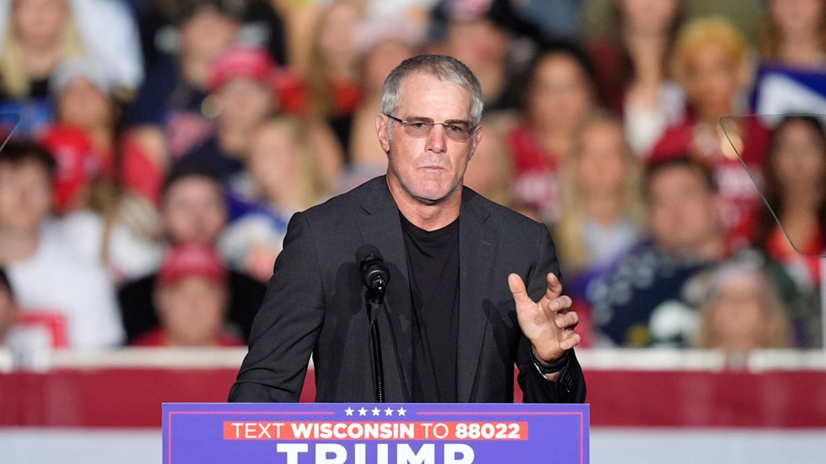 Former Green Bay Packers quarterback Brett Favre speaks before Republican presidential nominee former President Trump at a campaign rally at the Resch Center, Wednesday, in Green Bay, Wis.