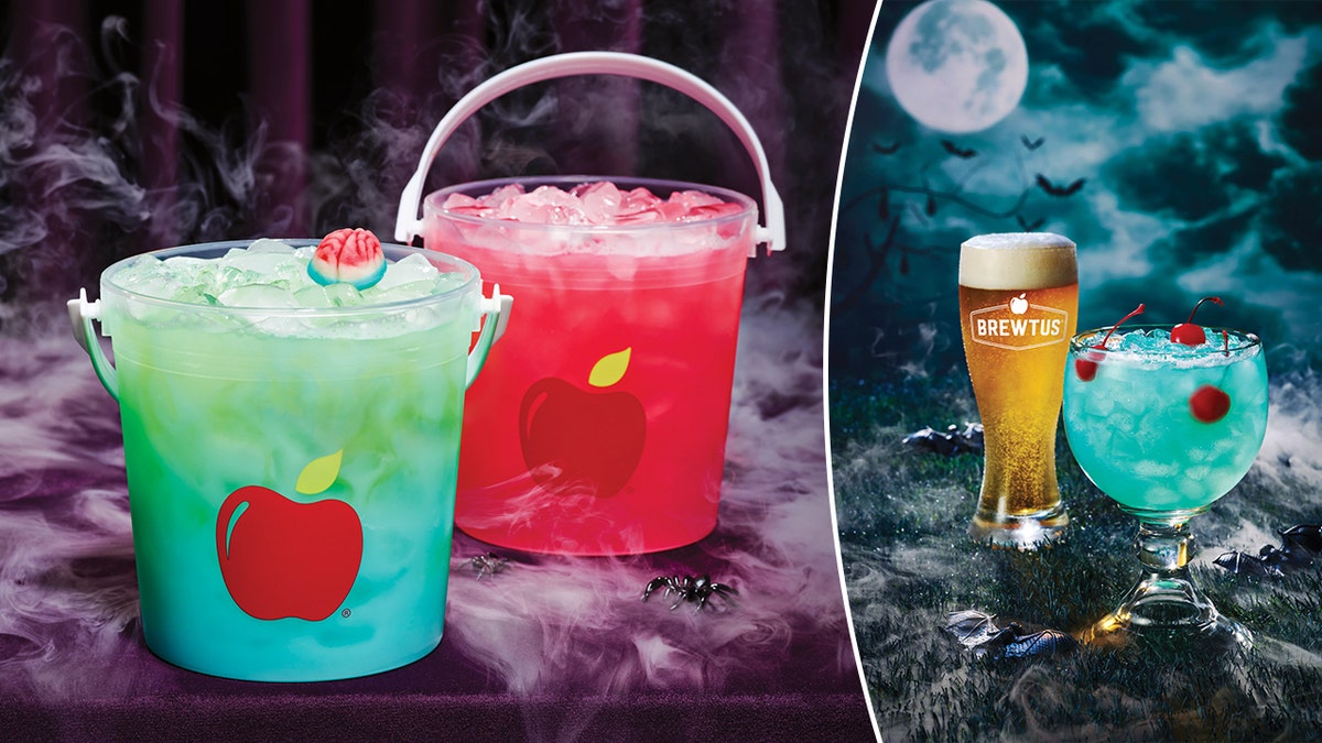 Otros cócteles con temática de Halloween en Applebee's son, de izquierda a derecha, el "Franken Mama", que es una versión premium y más grande del "Dollar Zombie"; el "Dracula's Juice", que también se sirve en un cubo de 32 onzas; y el "Boo Lagoon".