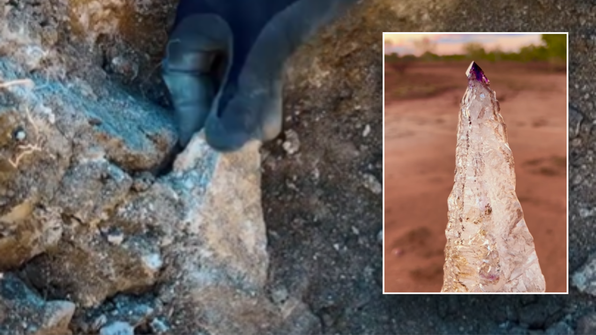 Split image of clean crystal, crystal in dirt