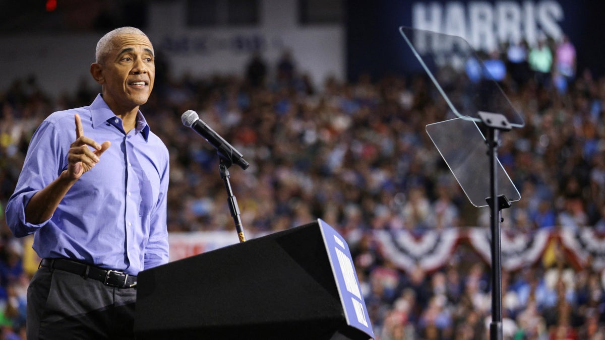 Former President Barack Obama speaks during a campaign event in support of Vice President Kamala Harris in Pittsburgh, Pennsylvania, Oct. 10, 2024.