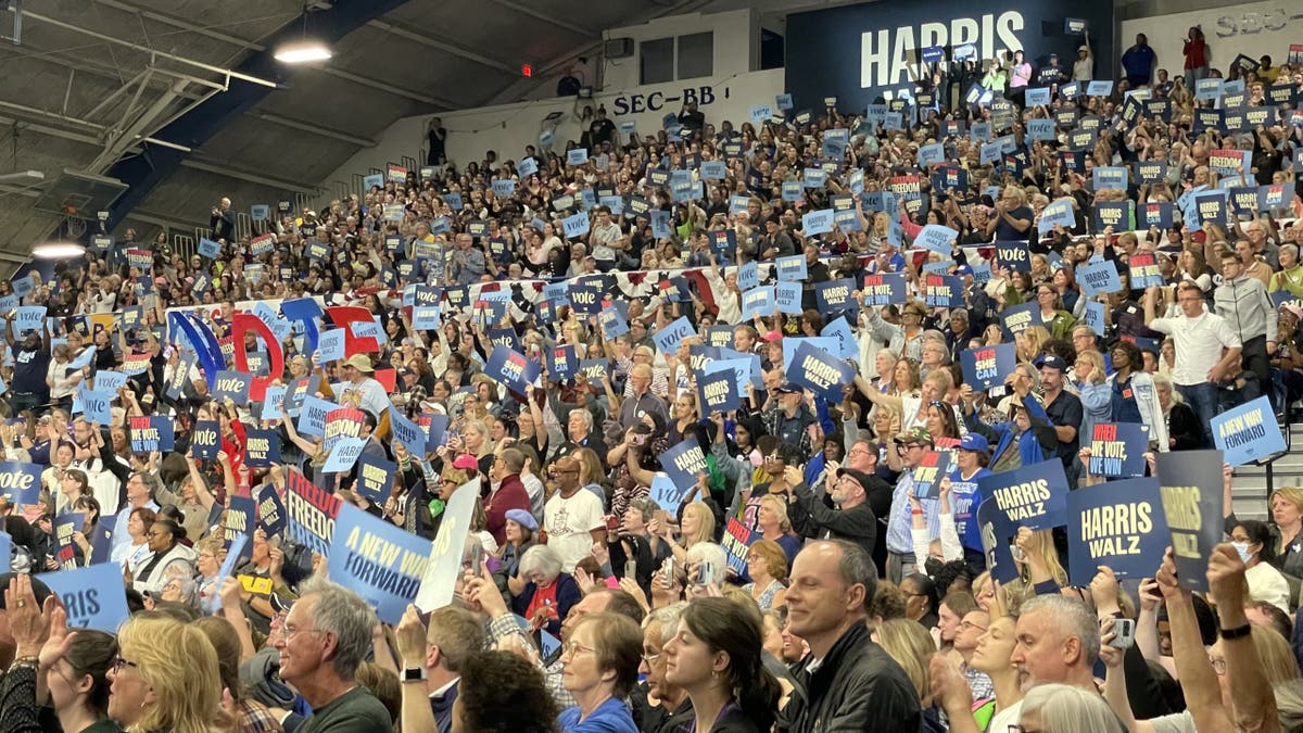 The crowd at the Fitzgerald Fieldhouse at the University of Pittsburgh listens to former President Barack Obama, on Oct. 10, 2024 in Pittsburgh, Pennsylvania