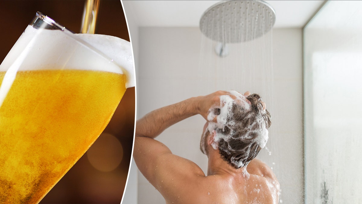 Beer being poured on left and a man washing his hair on the right