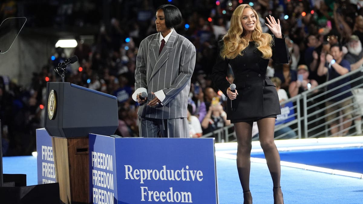 Musical artists Beyoncé, right, and Kelly Rowland, left, connected  signifier    astatine  a run  lawsuit   for Democratic statesmanlike  nominee Vice President Kamala Harris successful  Houston, Friday, Oct. 25, 2024. (AP Photo/Susan Walsh)