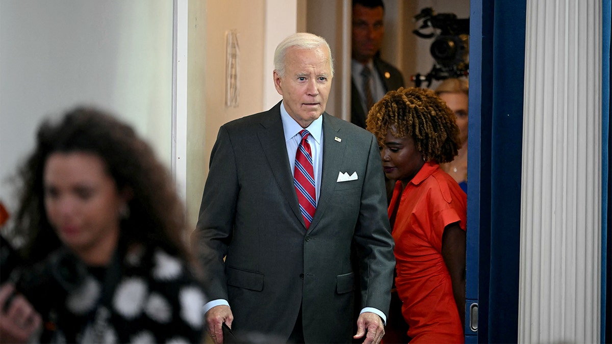 President Biden arrives astatine  White House briefing room