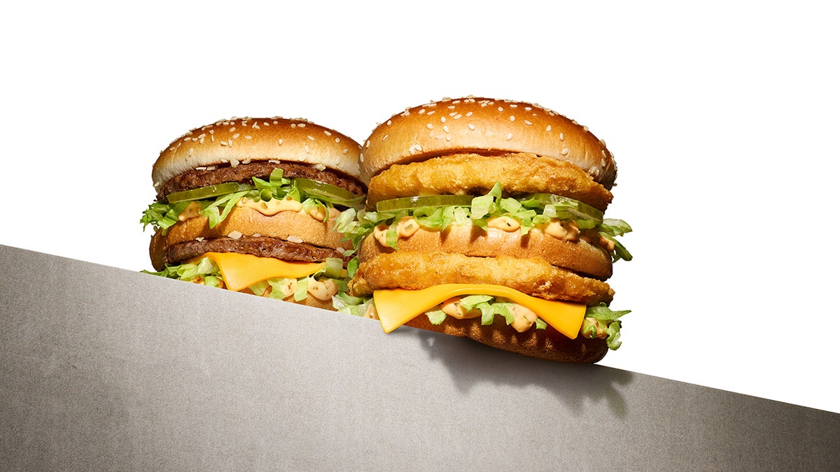 A side by side of the new chicken big mac and the original big mac.