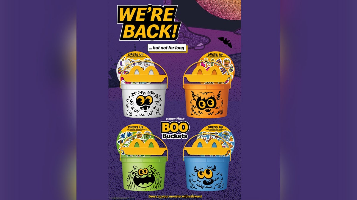 McDonald's Boo Buckets for 2024. Four buckets, in white, orange, green and blue.