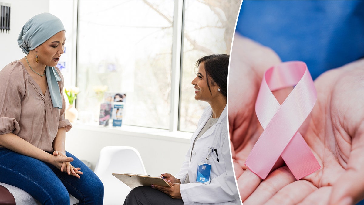 Woman speaking with her doctor, next to a photo of a breast cancer ribbon 