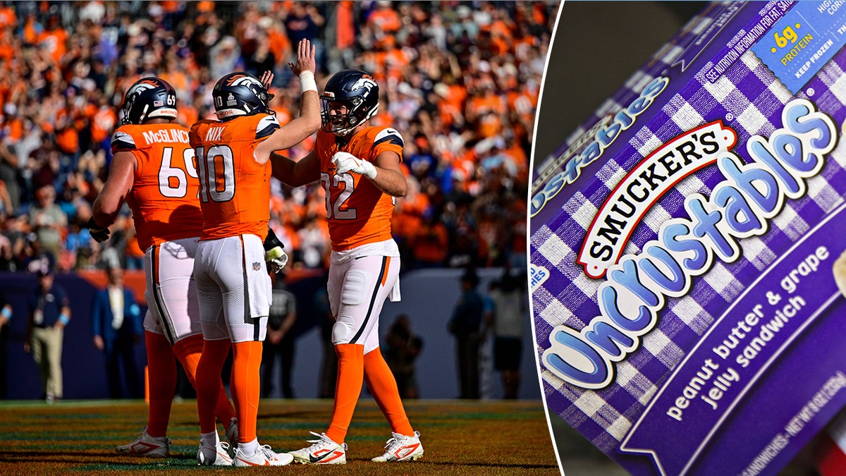 Denver Broncos players celebrate, left. A Smucker's Uncrustables grape jelly container is shown, right.