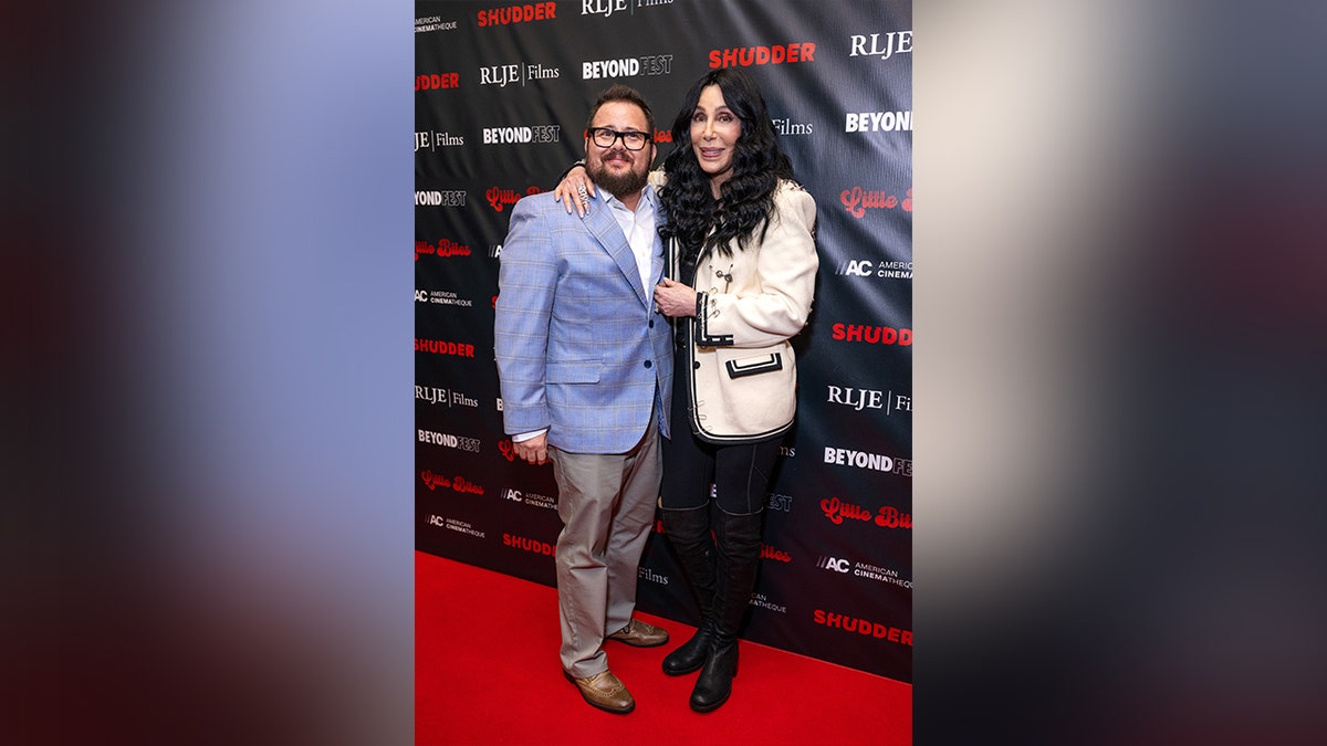 Cher posed with her lad   Chaz astatine  the Beyond Fest premiere of "Little Bites."