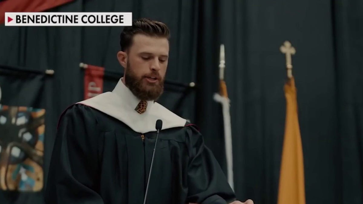 Chiefs kicker Harrison Butker gives the 2024 commencement code  astatine  Benedictine College.