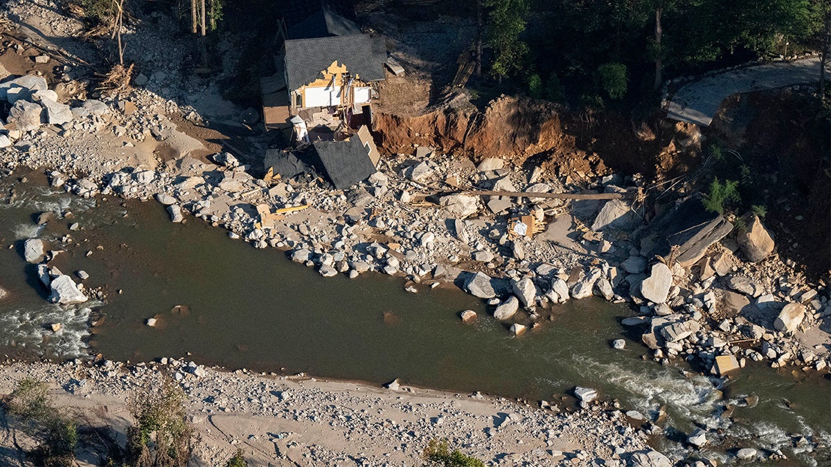 river in Chimney Rock, NC with post-Helene debris