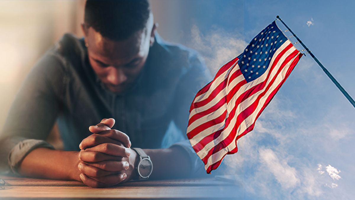 photo of man praying, American flag