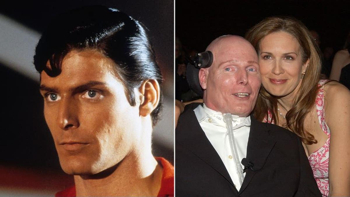 A split of Christopher Reeve as Superman and with his wife after his accident