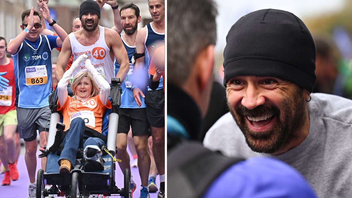 Actor Colin Farrell smiles as he finishes the Dublin Marathon.