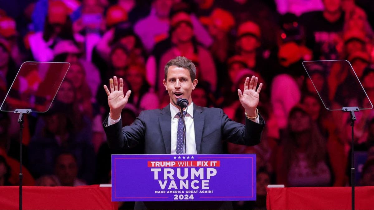 Comedian Tony Hinchcliffe speaks at a rally for Trump