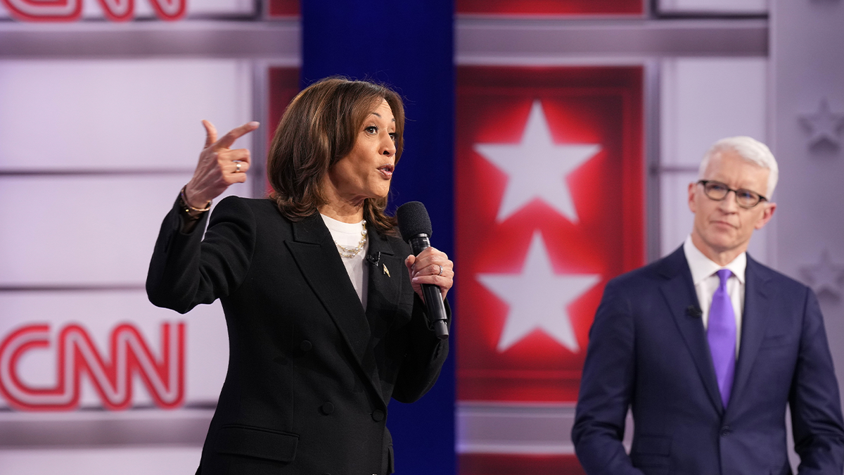 Kamala Harris at the CNN town hall, Anderson Cooper on the right