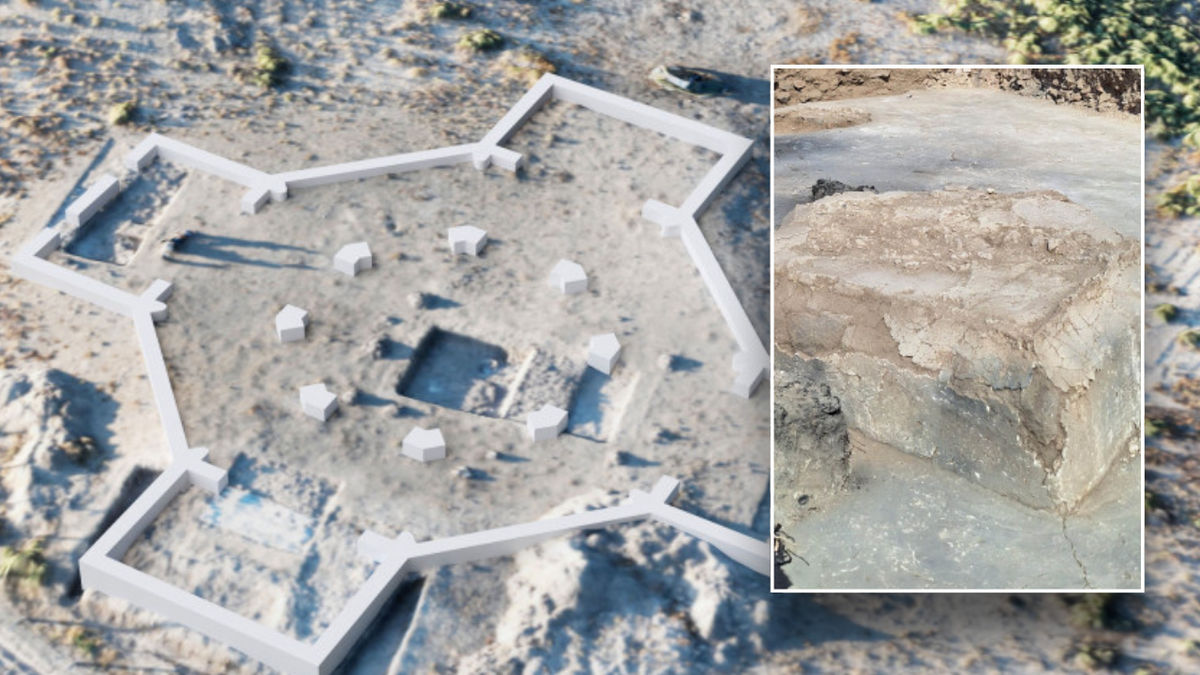 Aerial of church reconstruction and ancient stone