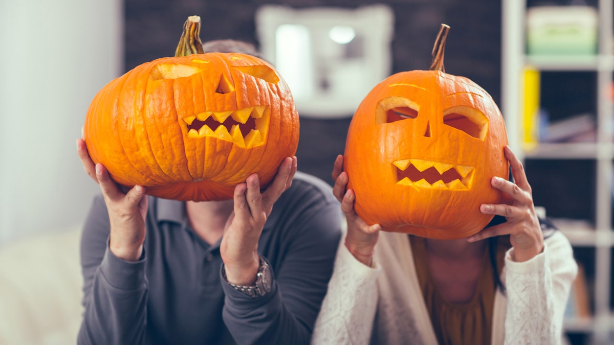 A antheral   and pistillate   holding carved pumpkins successful  beforehand   of their faces