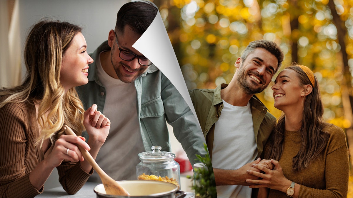 A mates  cooking meal  unneurotic  and a antithetic  mates  enjoying a autumn  day  outdoors