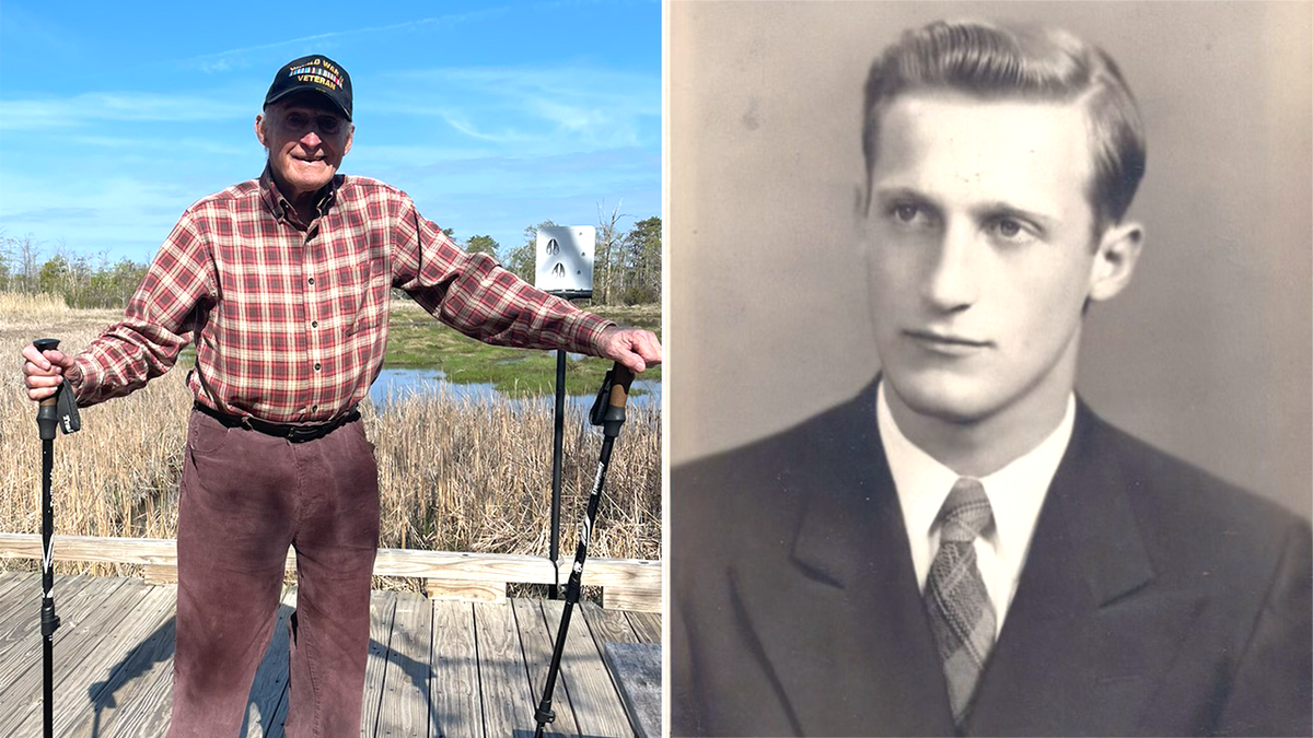 Current day David Scott on a hike (left) next to the headshot of a younger Scott.