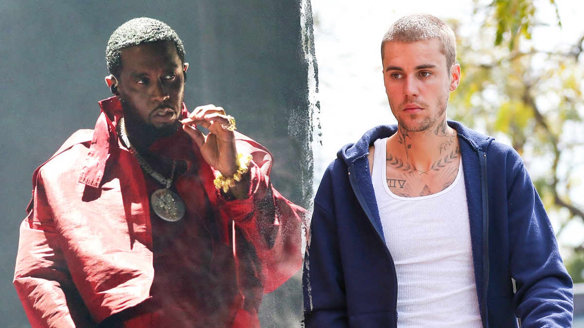 Sean Diddy Combs actúa con un conjunto rojo, Justin Bieber sale con camiseta de tirantes blanca y jersey azul.