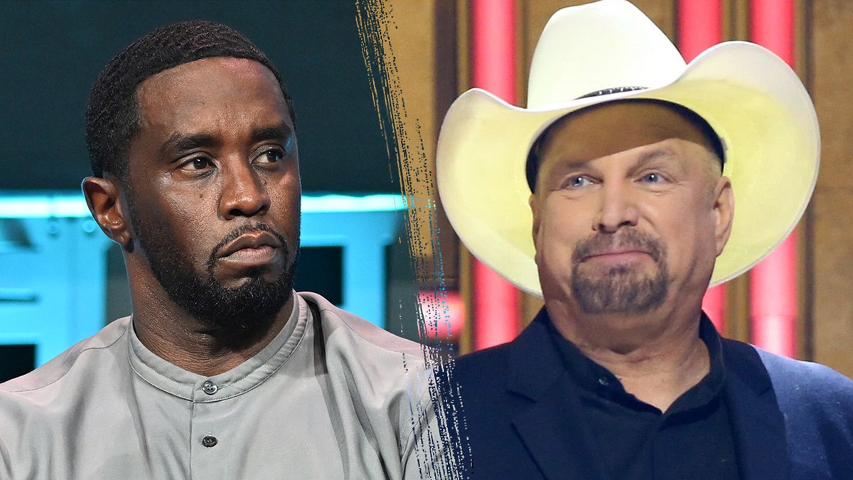 Garth Brooks lleva un sombrero de vaquero, mientras que Sean Diddy Combs luce una camisa gris.