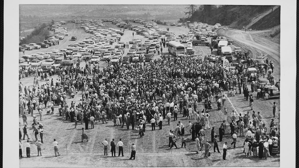 Photograph of a crowd gathered for the new Dodgers Stadium 