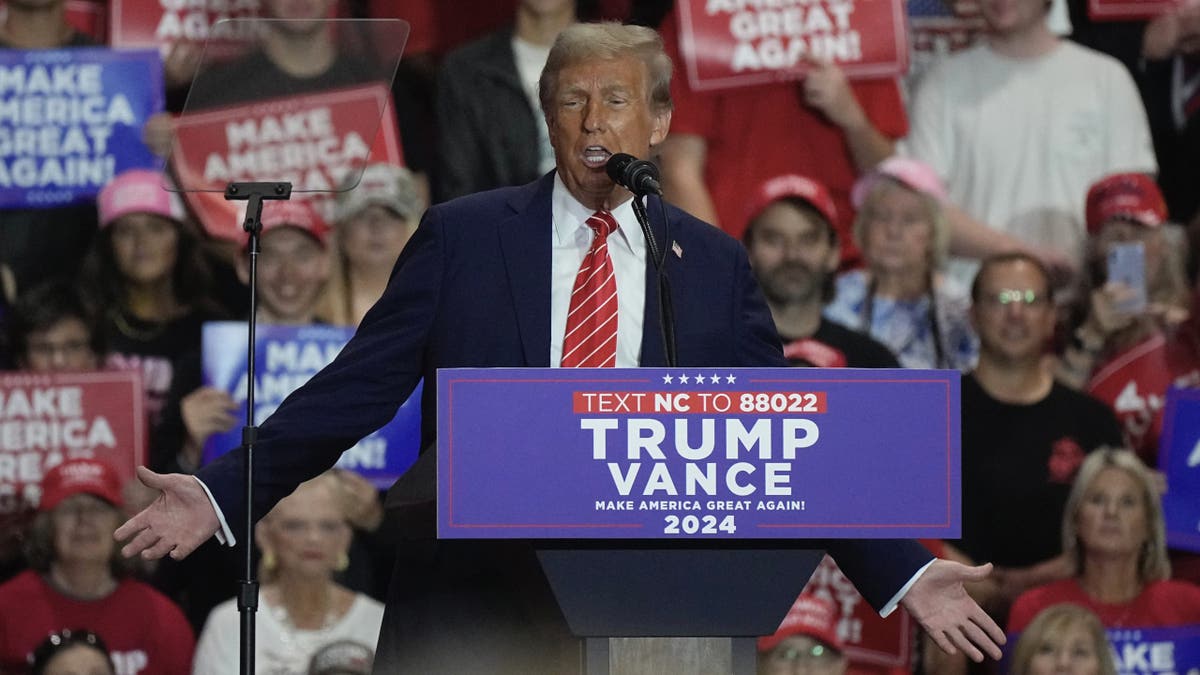 Republican presidential candidate and former President Donald Trump speaks at a campaign rally at the Rocky Mount Event Center Wednesday, Oct. 30, 2024, in Rocky Mount, N.C. (AP Photo/Steve Helber)